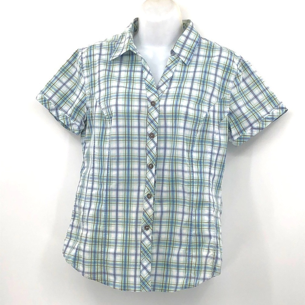 Columbia Short Sleeved Plaid Button Down Fitted Top Size M Tartan